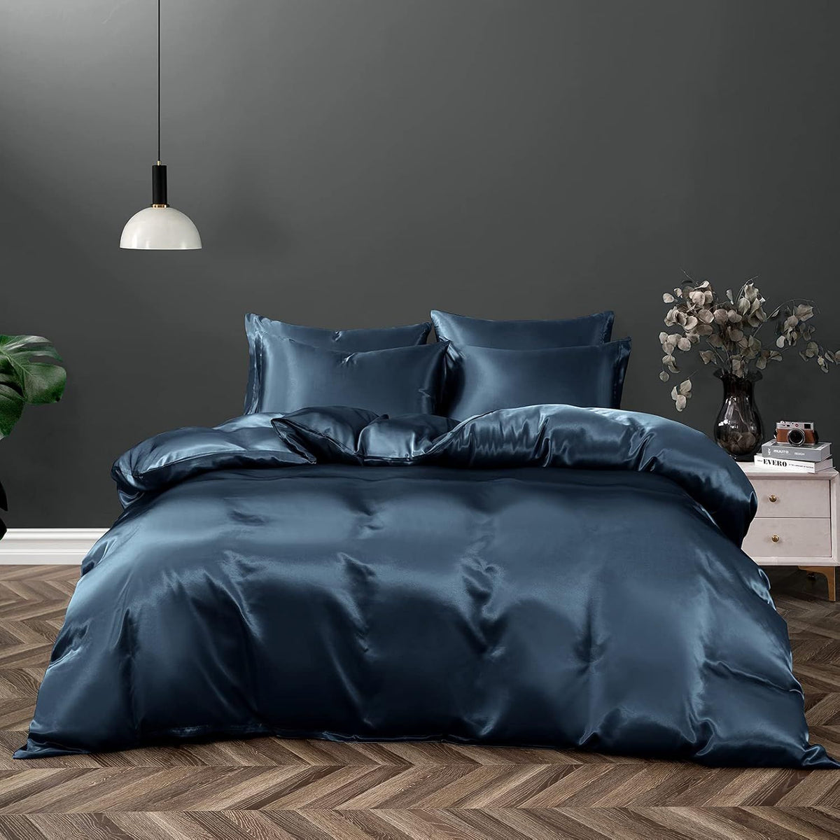 Satin Quilt Cover Set, 3 Pieces, Double, Navy