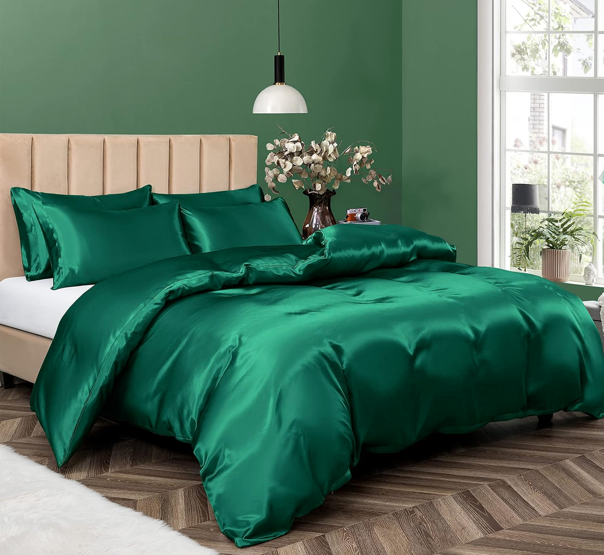 Satin Quilt Cover Set, 3 Pieces, King, Green