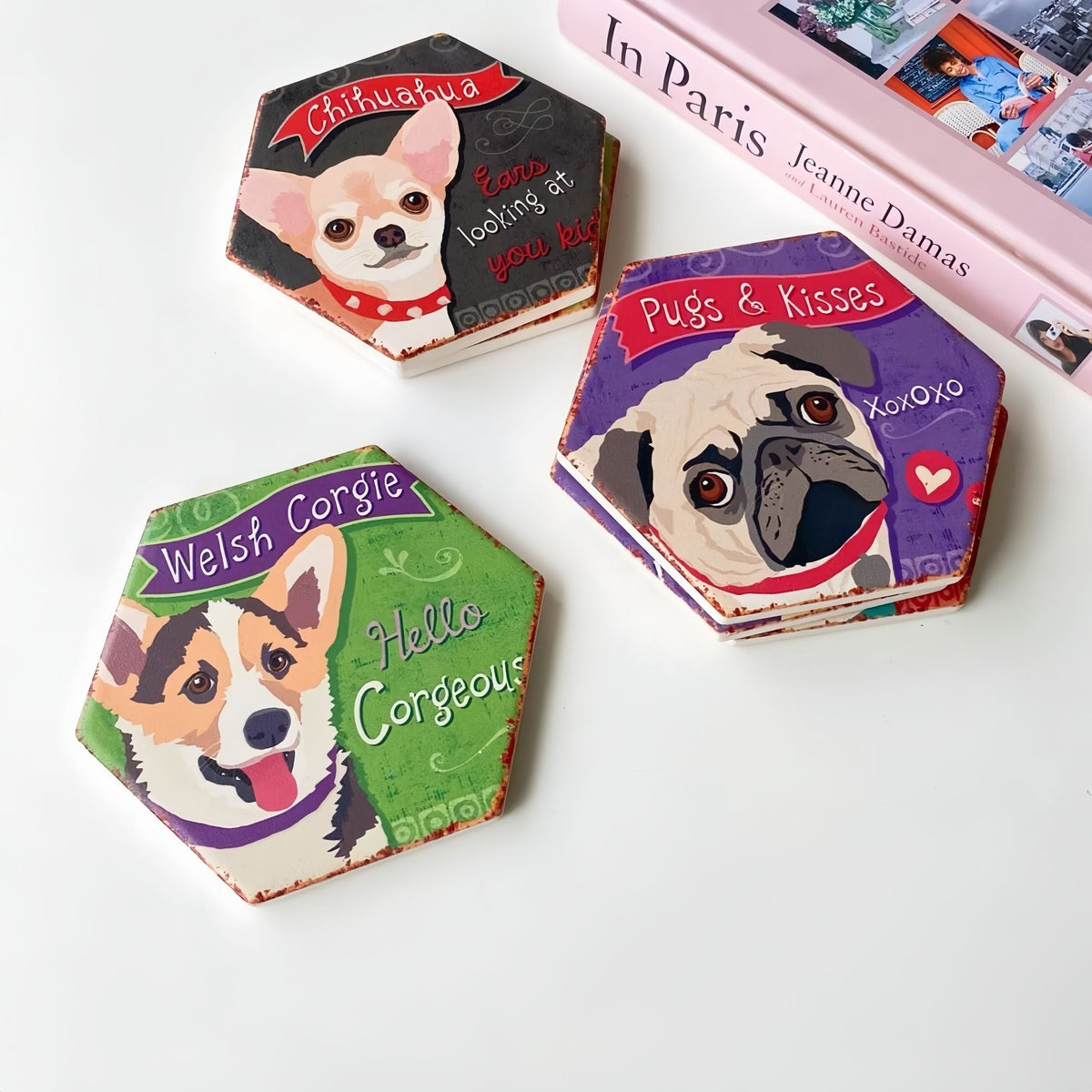 Drink Coasters Set of 6 with Holder,Cute Dog Absorbent Ceramic