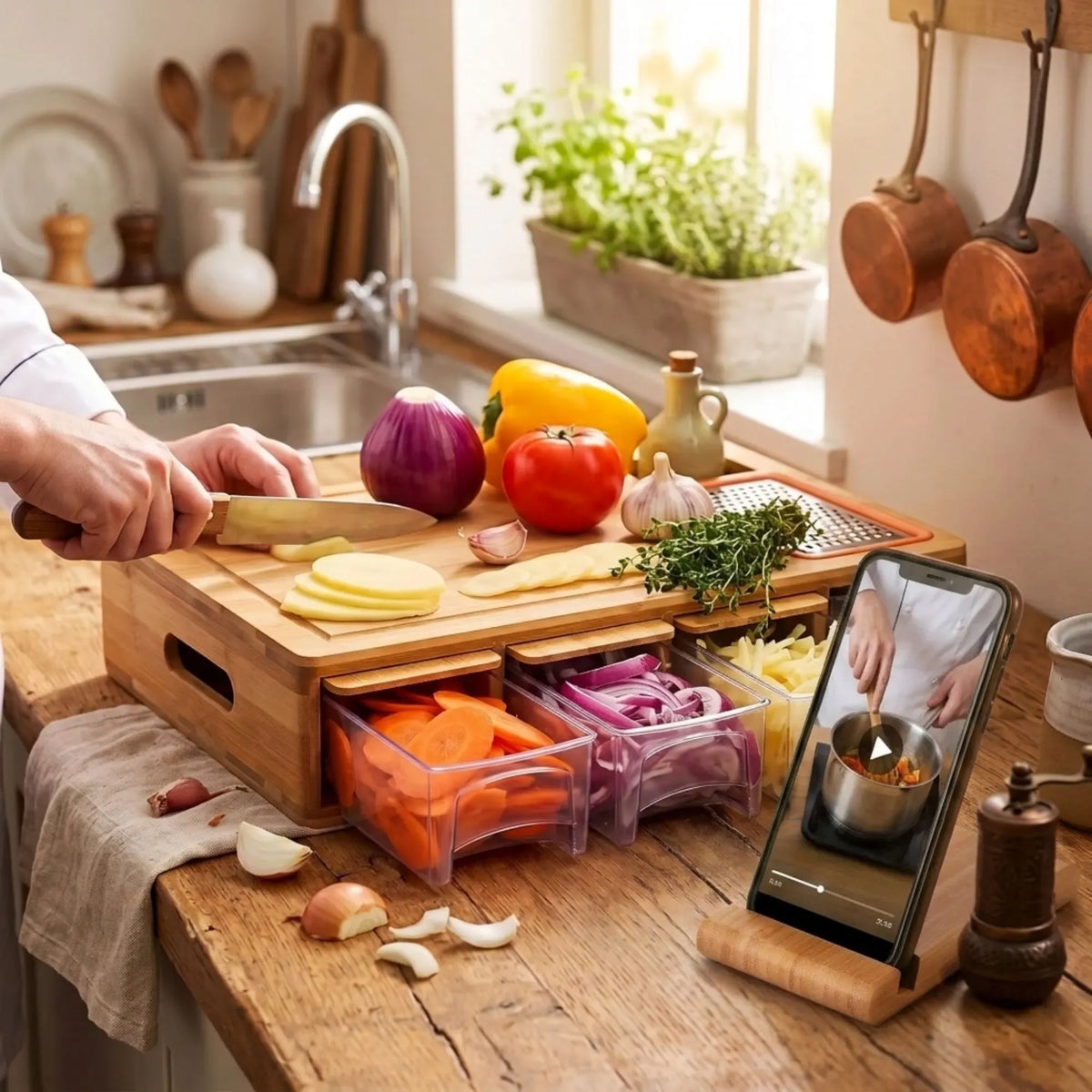 Large Bamboo Cutting Board and 4 Containers with Mobile Holder gift