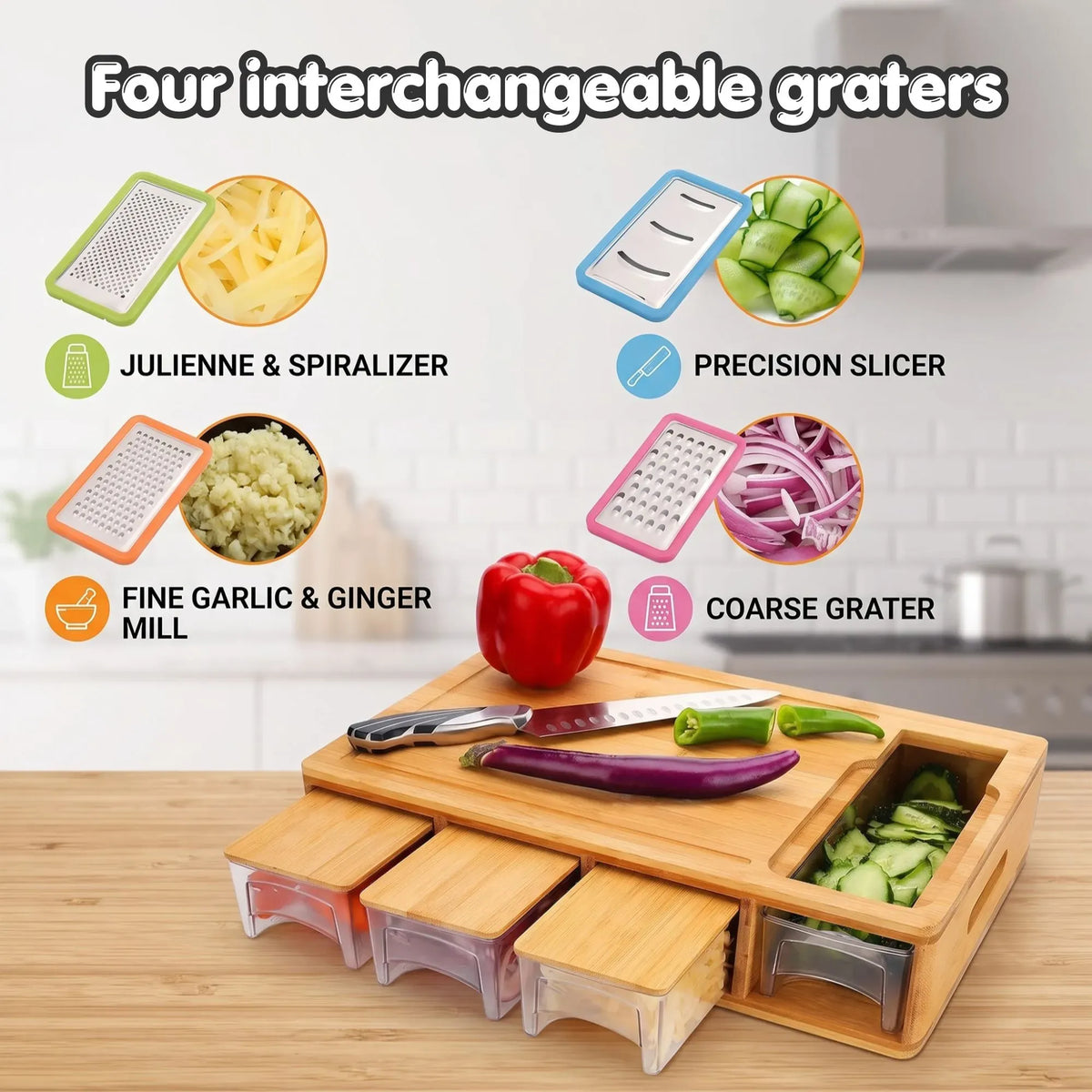 Large Bamboo Cutting Board and 4 Containers with Mobile Holder gift