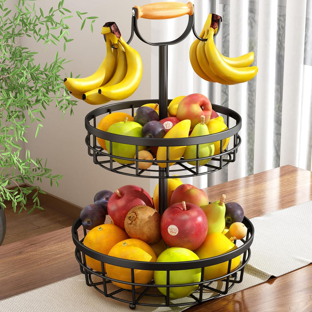 2-Tier Fruit Basket Bowl Storage with Wood Lift Handle and Dual