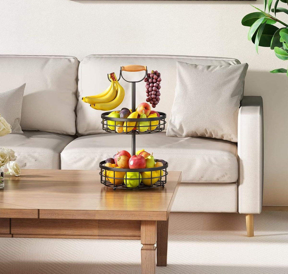 2-Tier Fruit Basket Bowl Storage with Wood Lift Handle and Dual