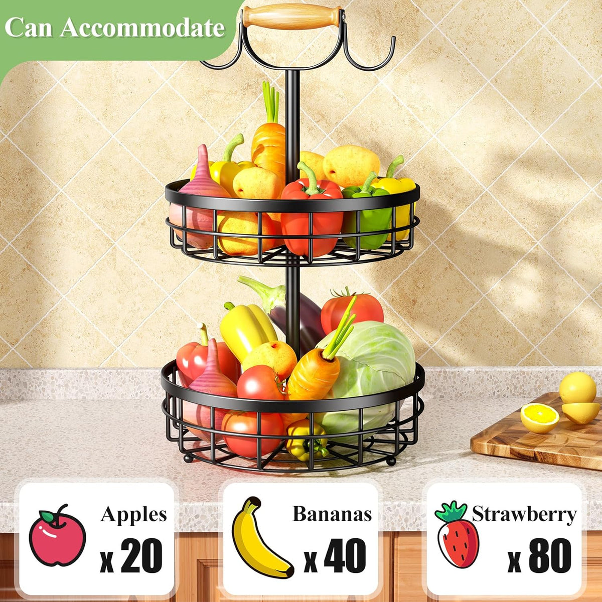 2-Tier Fruit Basket Bowl Storage with Wood Lift Handle and Dual