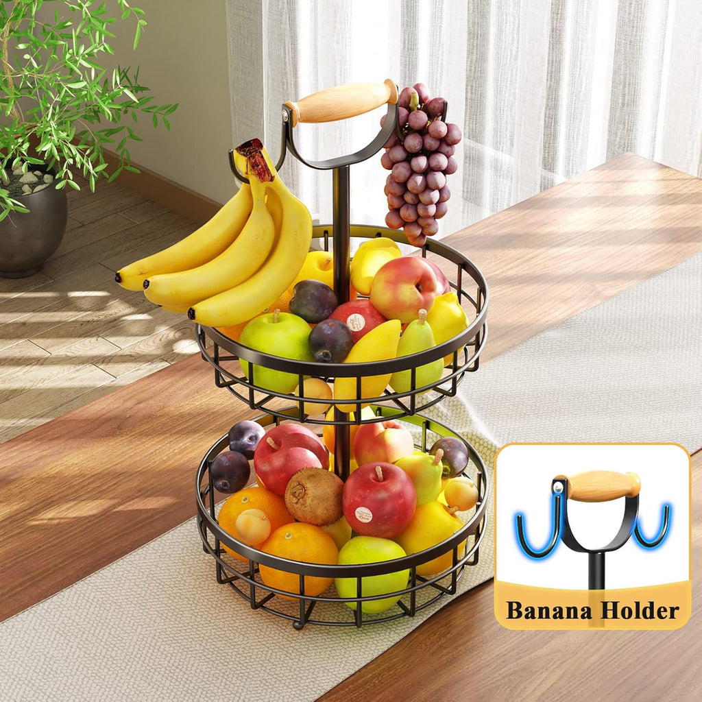 2-Tier Fruit Basket Bowl Storage with Wood Lift Handle and Dual