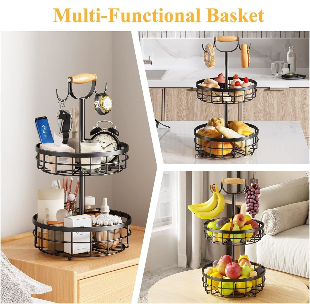 2-Tier Fruit Basket Bowl Storage with Wood Lift Handle and Dual