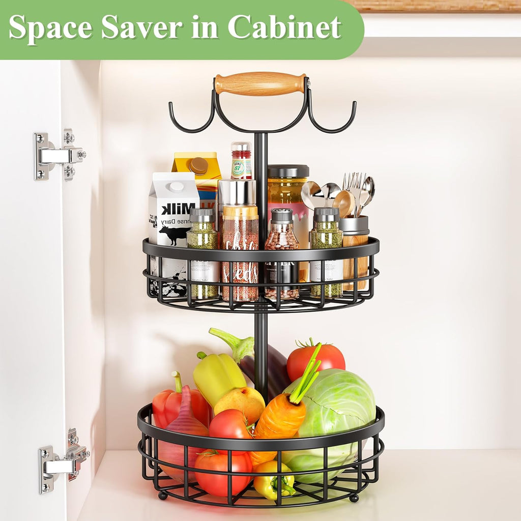 2-Tier Fruit Basket Bowl Storage with Wood Lift Handle and Dual
