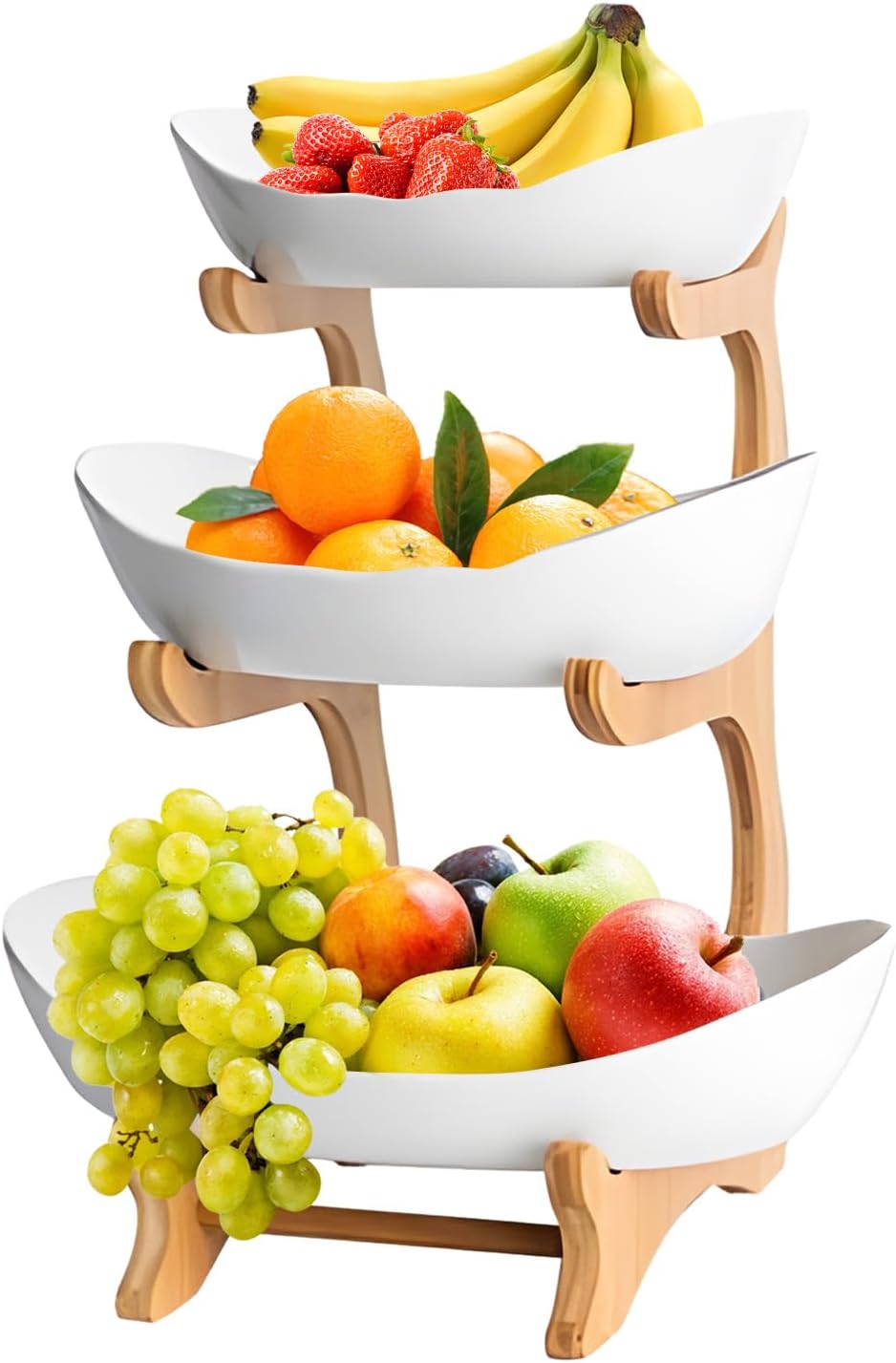 CARLA HOME 3-Tier Plastic Fruit Bowl Basket with Bamboo Stand for Kitchen Counter