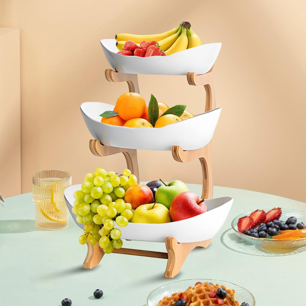 CARLA HOME 3-Tier Plastic Fruit Bowl Basket with Bamboo Stand for Kitchen Counter