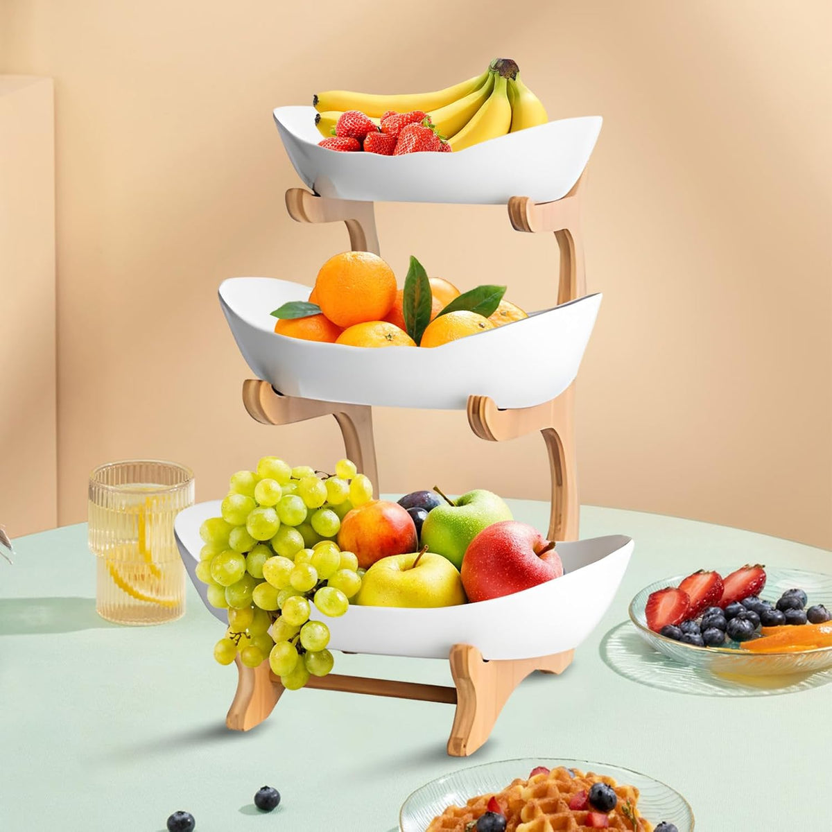 CARLA HOME 3-Tier Plastic Fruit Bowl Basket with Bamboo Stand for Kitchen Counter