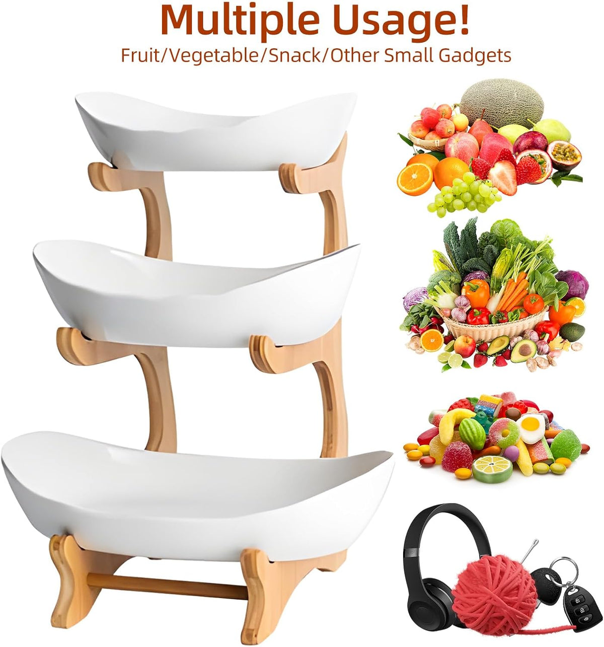 CARLA HOME 3-Tier Plastic Fruit Bowl Basket with Bamboo Stand for Kitchen Counter