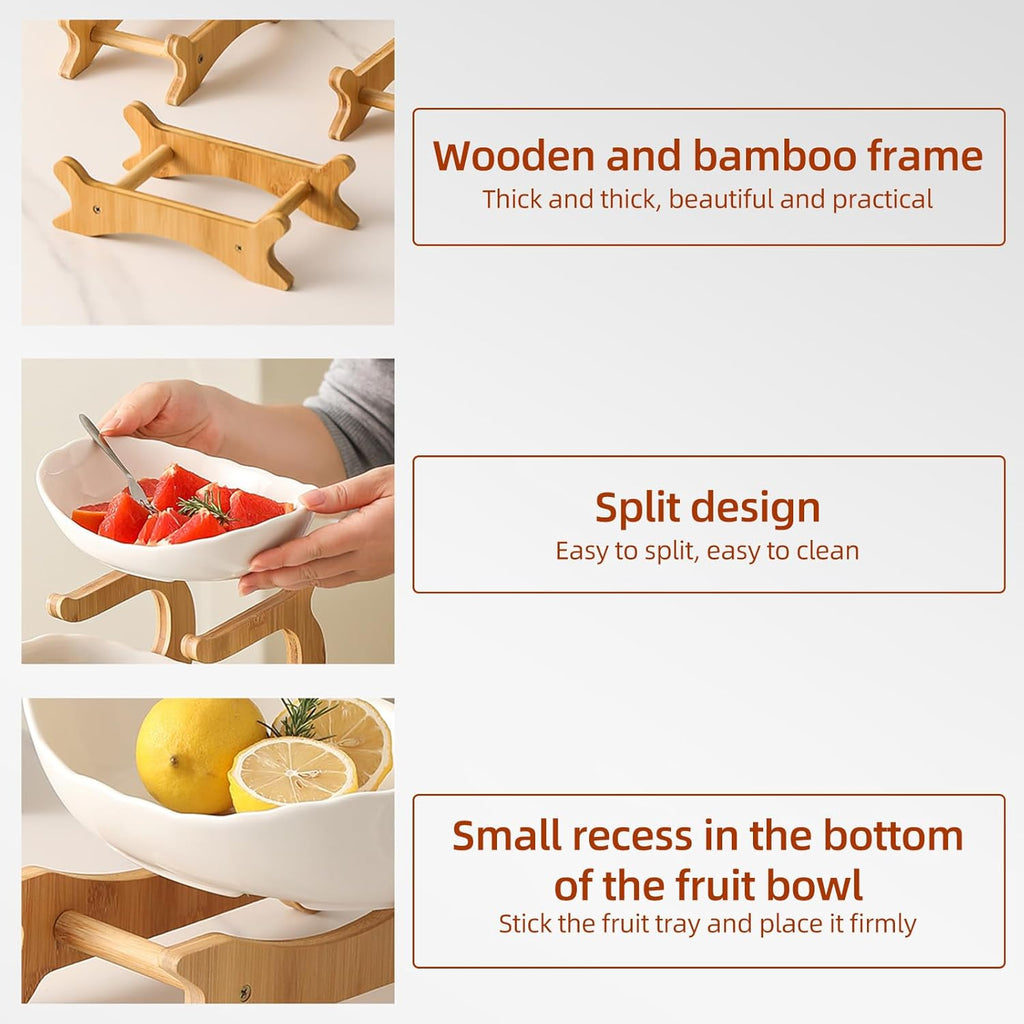 CARLA HOME 3-Tier Plastic Fruit Bowl Basket with Bamboo Stand for Kitchen Counter