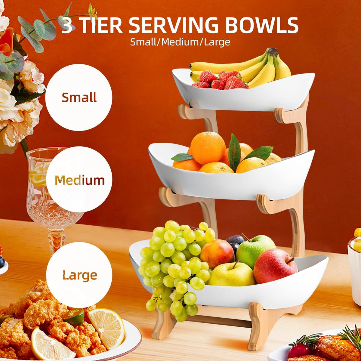 CARLA HOME 3-Tier Plastic Fruit Bowl Basket with Bamboo Stand for Kitchen Counter