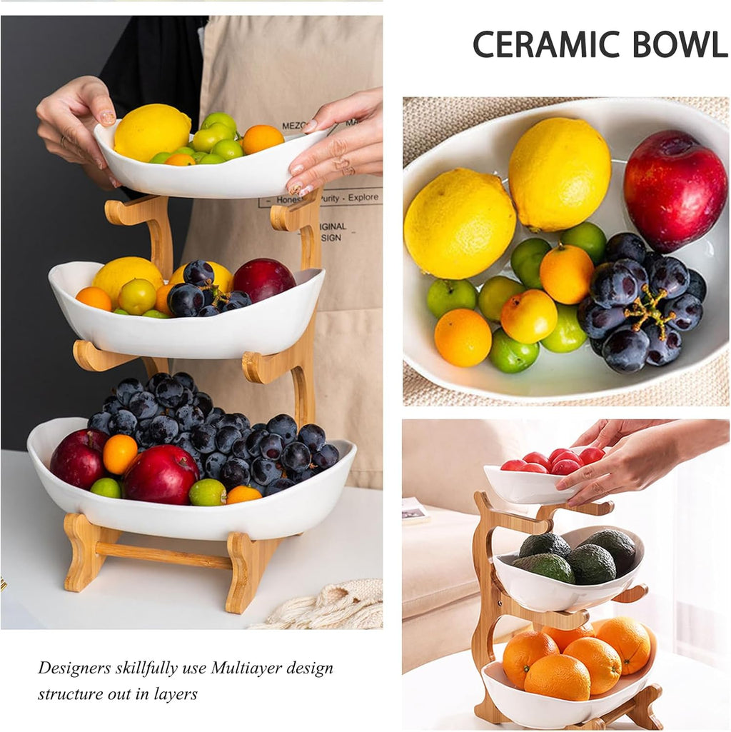 CARLA HOME 3-Tier Plastic Fruit Bowl Basket with Bamboo Stand for Kitchen Counter