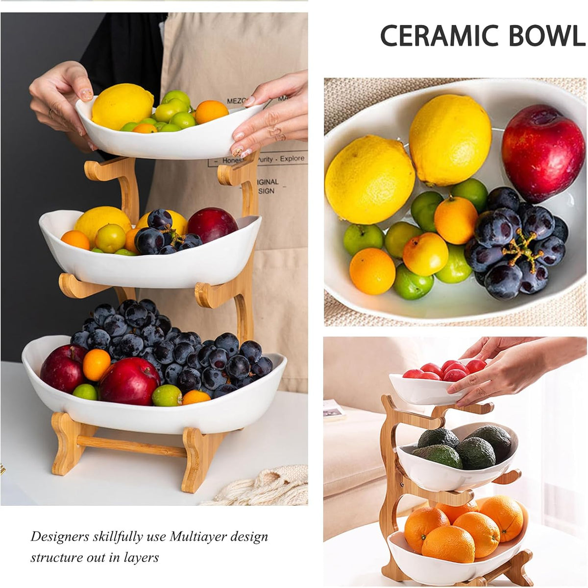 CARLA HOME 3-Tier Plastic Fruit Bowl Basket with Bamboo Stand for Kitchen Counter