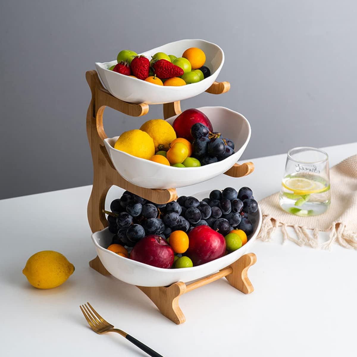 CARLA HOME 3-Tier Plastic Fruit Bowl Basket with Bamboo Stand for Kitchen Counter