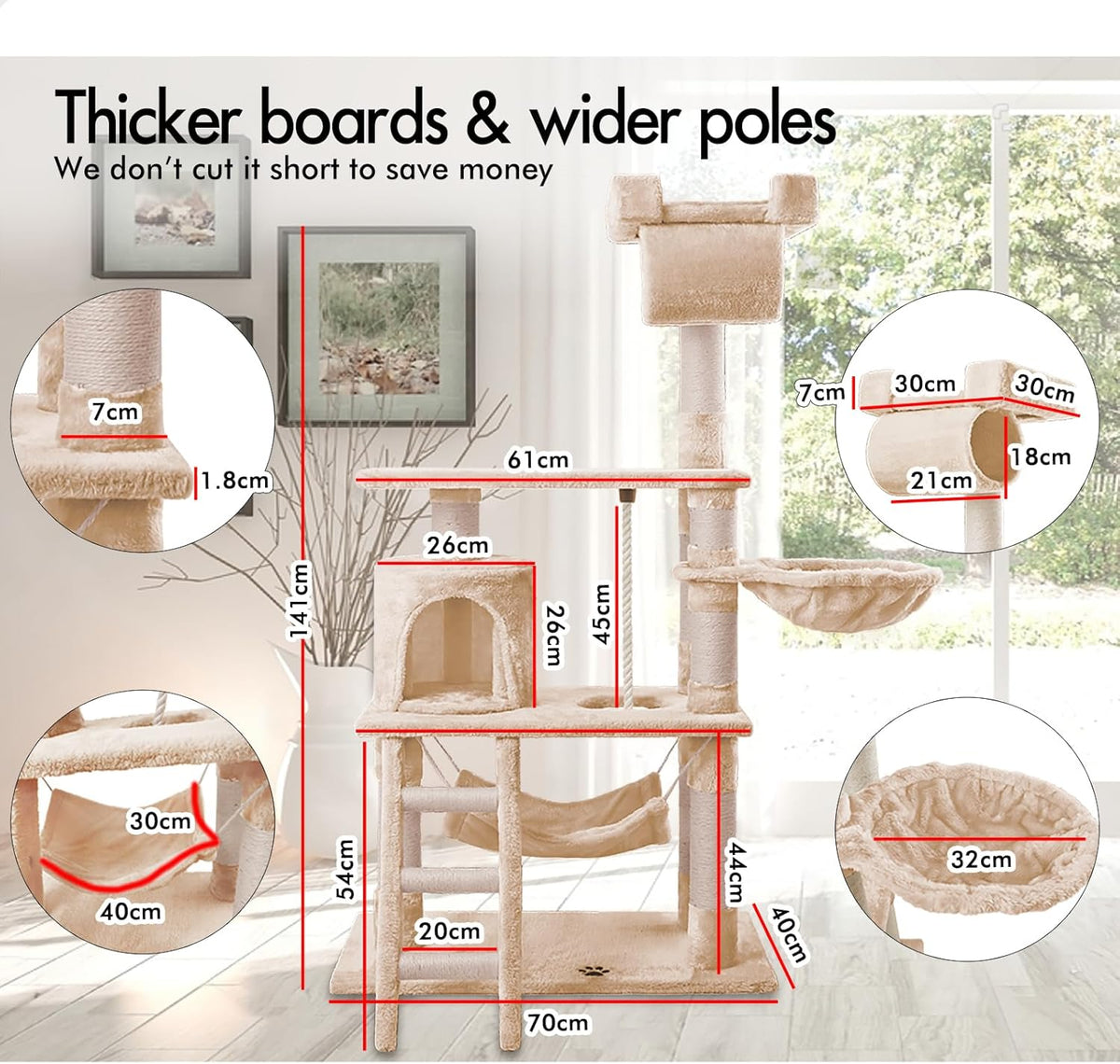 CARLA HOME 141cm Cat Tree Tower for Indoor Cats with Plush Perch