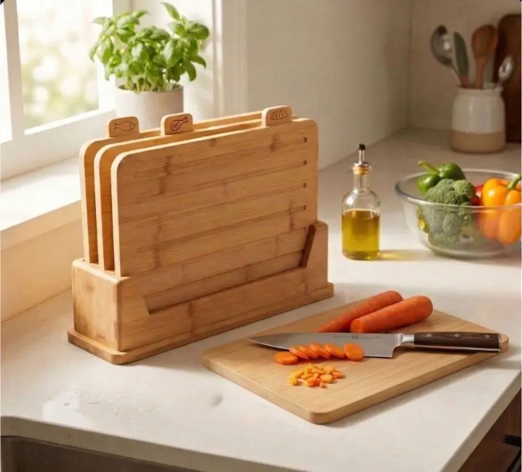 CARLA HOME Bamboo Cutting Board Set with Stand, 4 Pieces