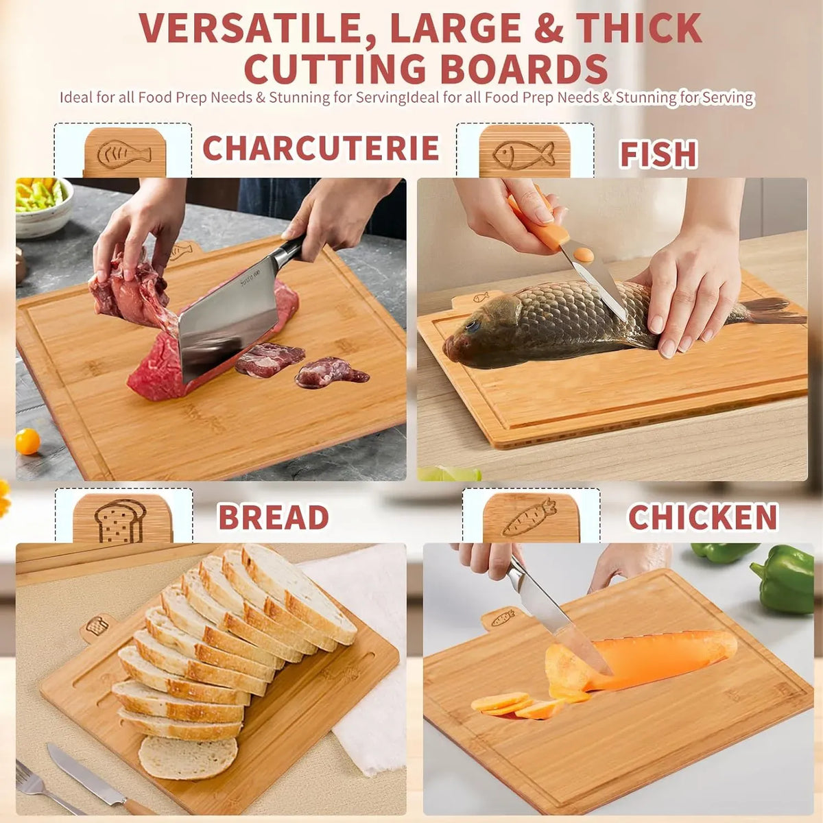CARLA HOME Bamboo Cutting Board Set with Stand, 4 Pieces
