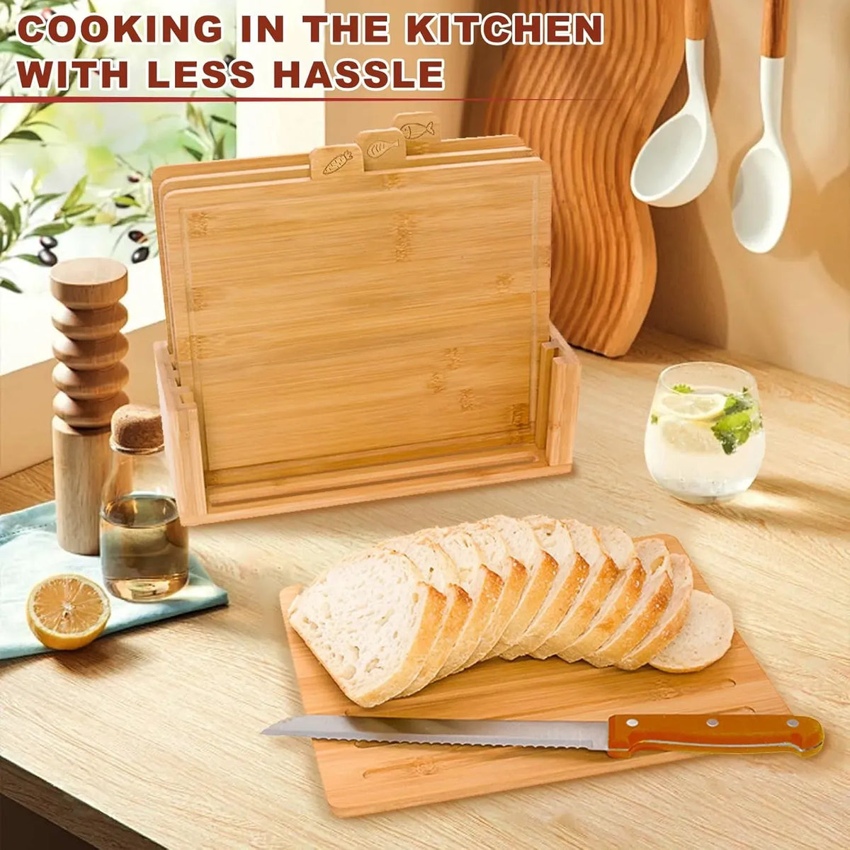CARLA HOME Bamboo Cutting Board Set with Stand, 4 Pieces
