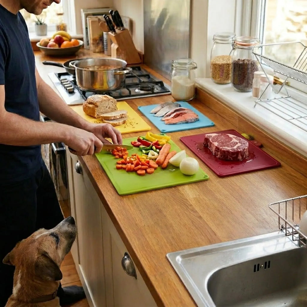CARLA HOME Colour-Coded Cutting Board Set with Stand, 4 Pieces