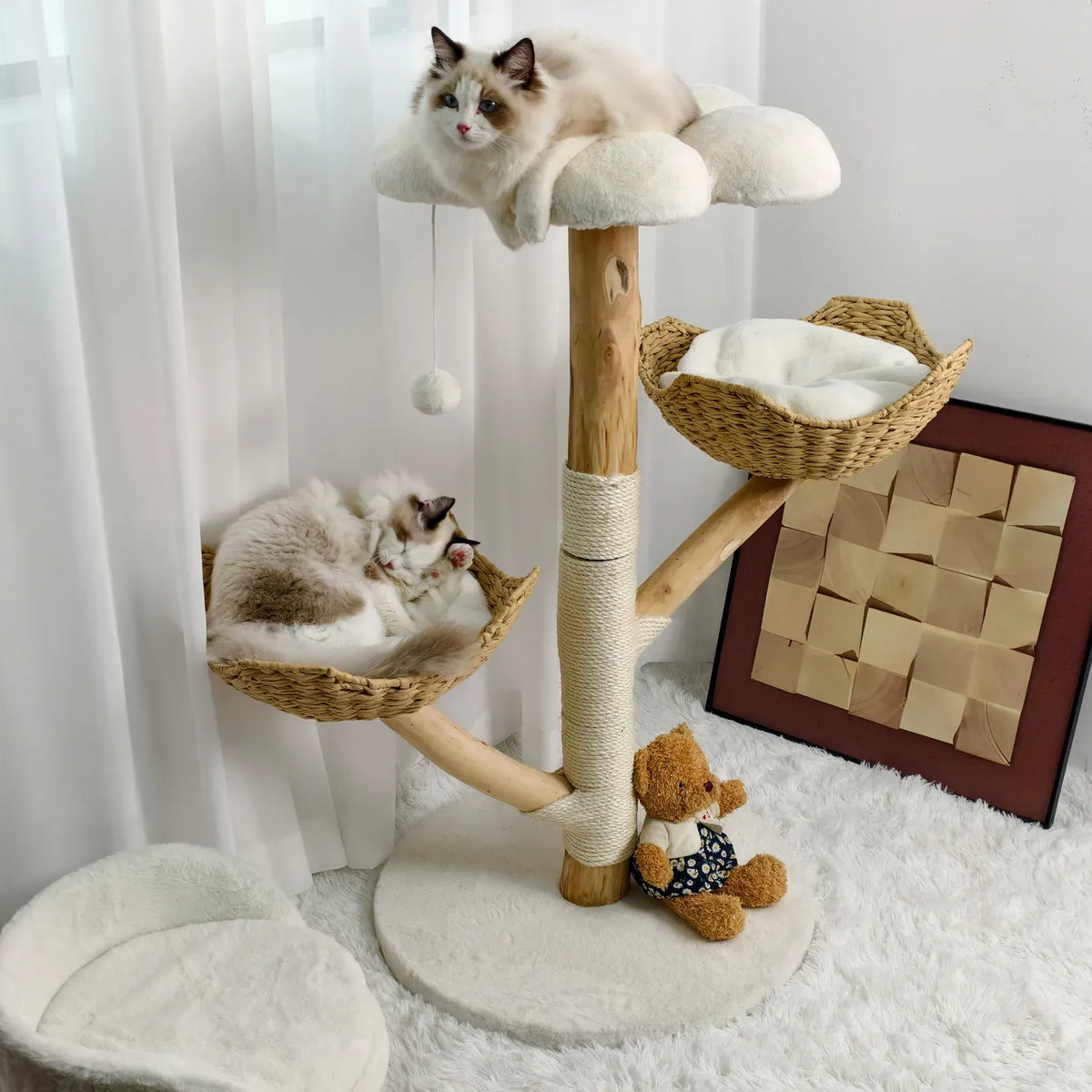Real Wood Cat Tree Tower in Natural Wood for Indoor Cats Up to 10KG