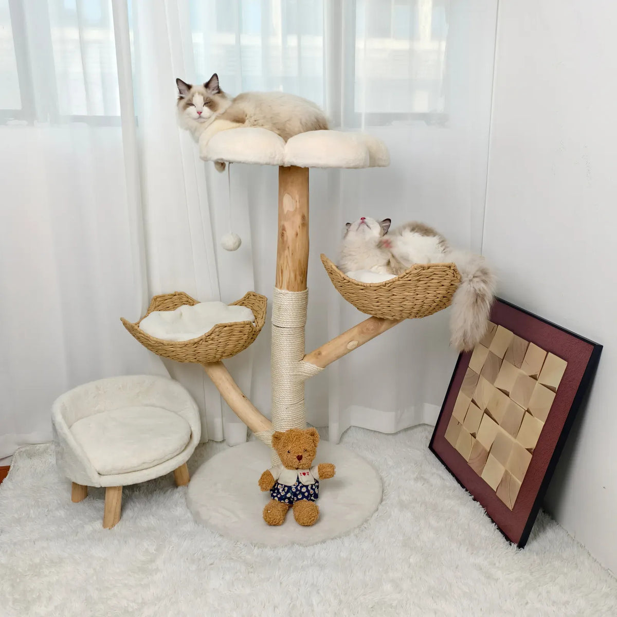 Real Wood Cat Tree Tower in Natural Wood for Indoor Cats Up to 10KG