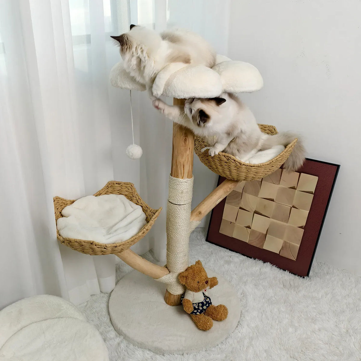 Real Wood Cat Tree Tower in Natural Wood for Indoor Cats Up to 10KG