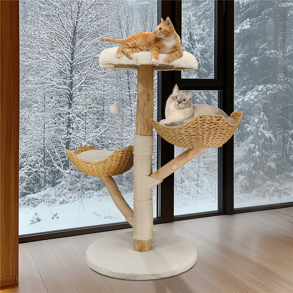 Real Wood Cat Tree Tower in Natural Wood for Indoor Cats Up to 10KG