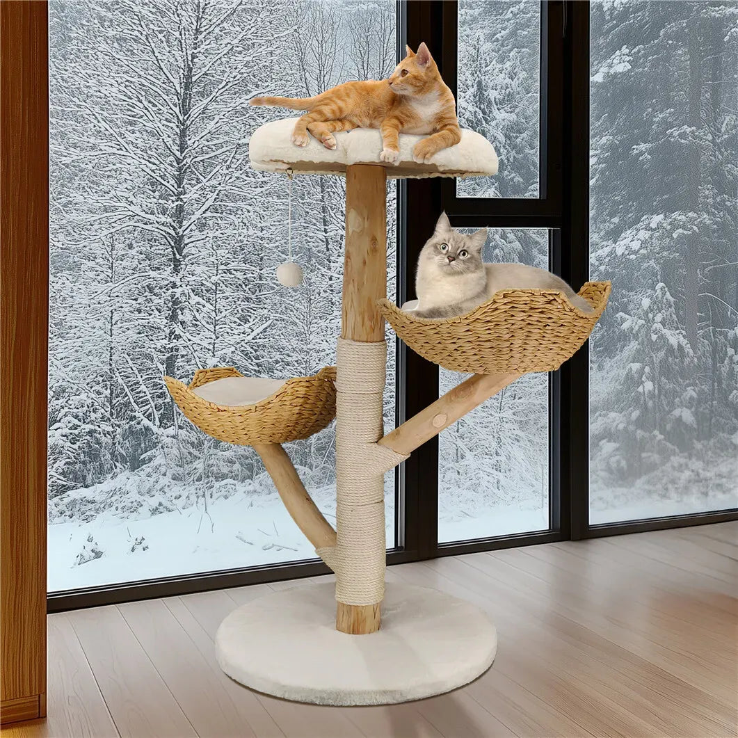 Real Wood Cat Tree Tower in Natural Wood for Indoor Cats Up to 10KG