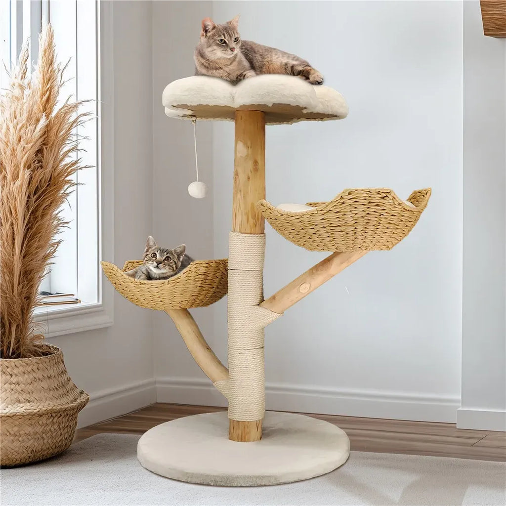 Extra Large Black Cat Tree Tower with Real Wood and Wicker Basket