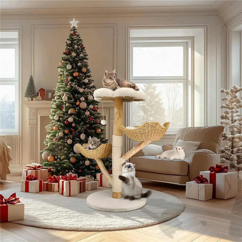 Extra Large Black Cat Tree Tower with Real Wood and Wicker Basket