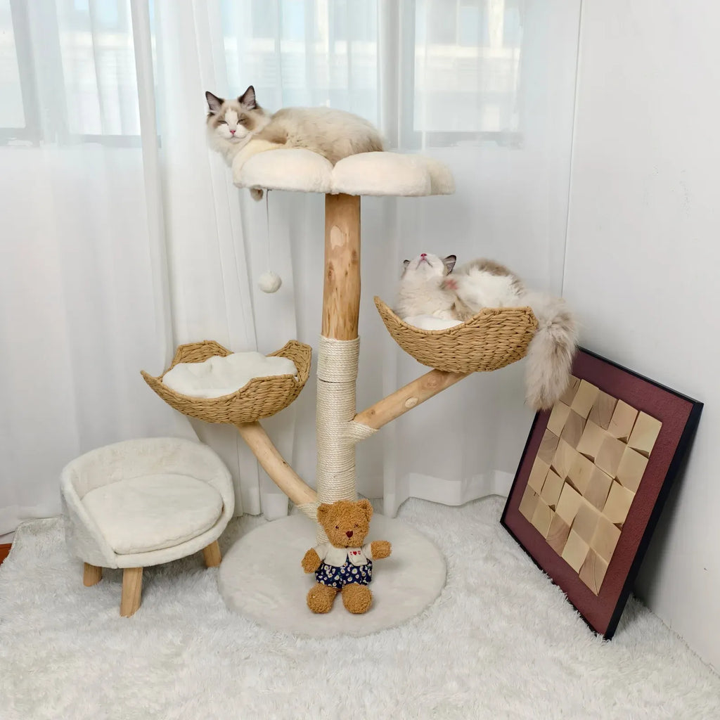 Extra Large Black Cat Tree Tower with Real Wood and Wicker Basket