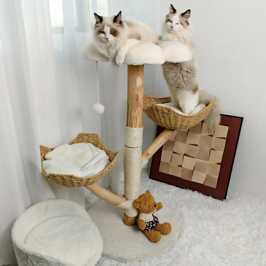 Extra Large Black Cat Tree Tower with Real Wood and Wicker Basket