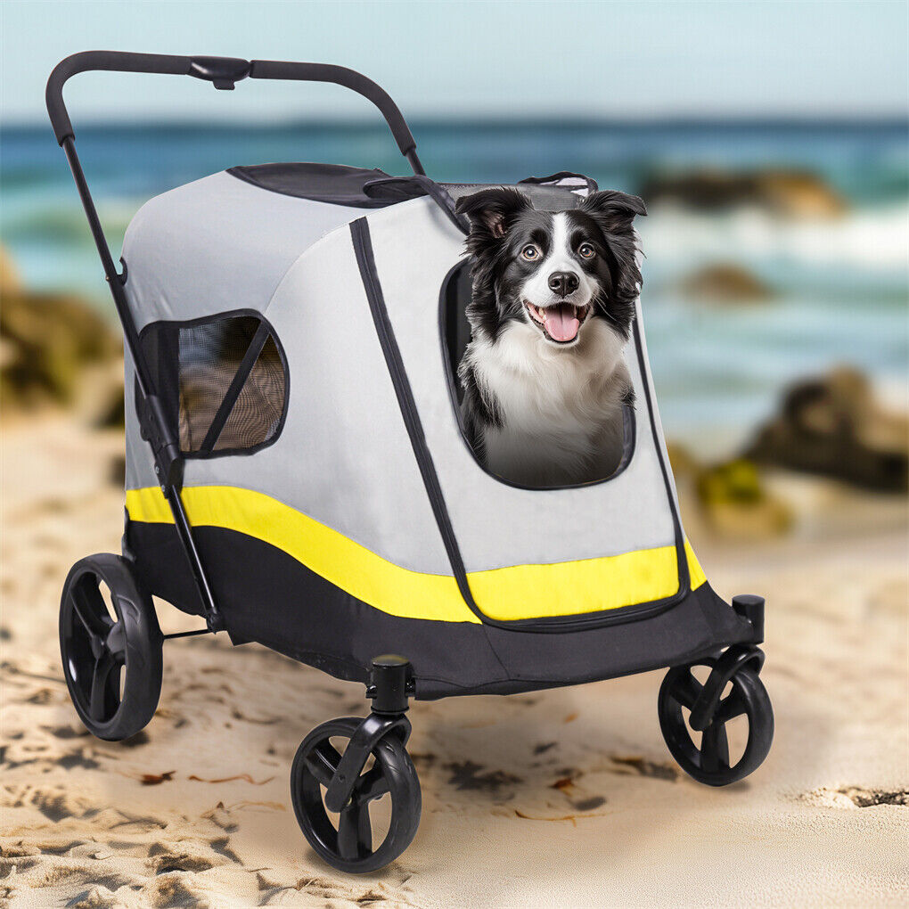 GENUX Dog Stroller with Rain Cover, shown in a real setting