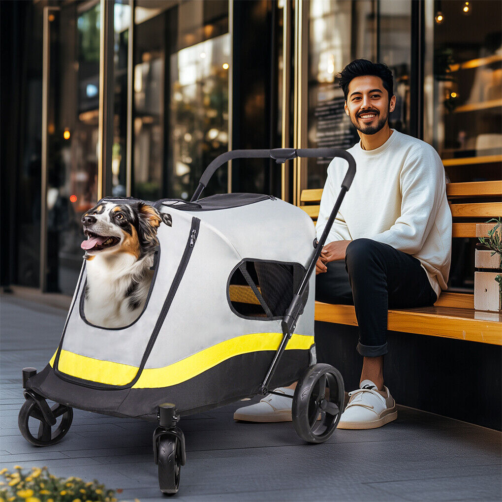 GENUX Dog Stroller with Rain Cover, shown in a real setting, photo 2 of 6