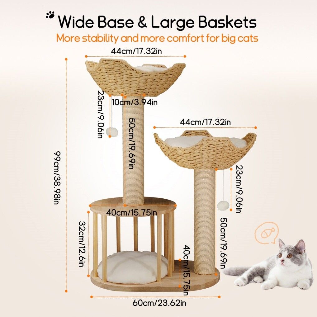 GENUX Large Cat Tree Tower with Cushioned Baskets, with its measurements marked