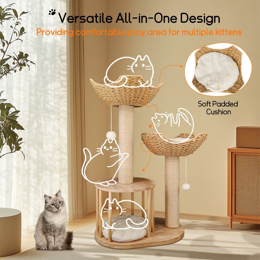 GENUX Large Cat Tree Tower with Cushioned Baskets, with its measurements marked, photo 6 of 6