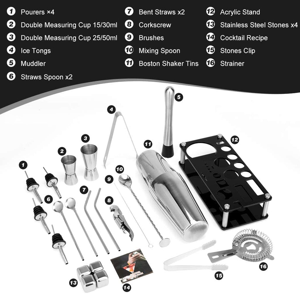 Boston 23-Piece Stainless Steel Cocktail Shaker Set, showing what is included