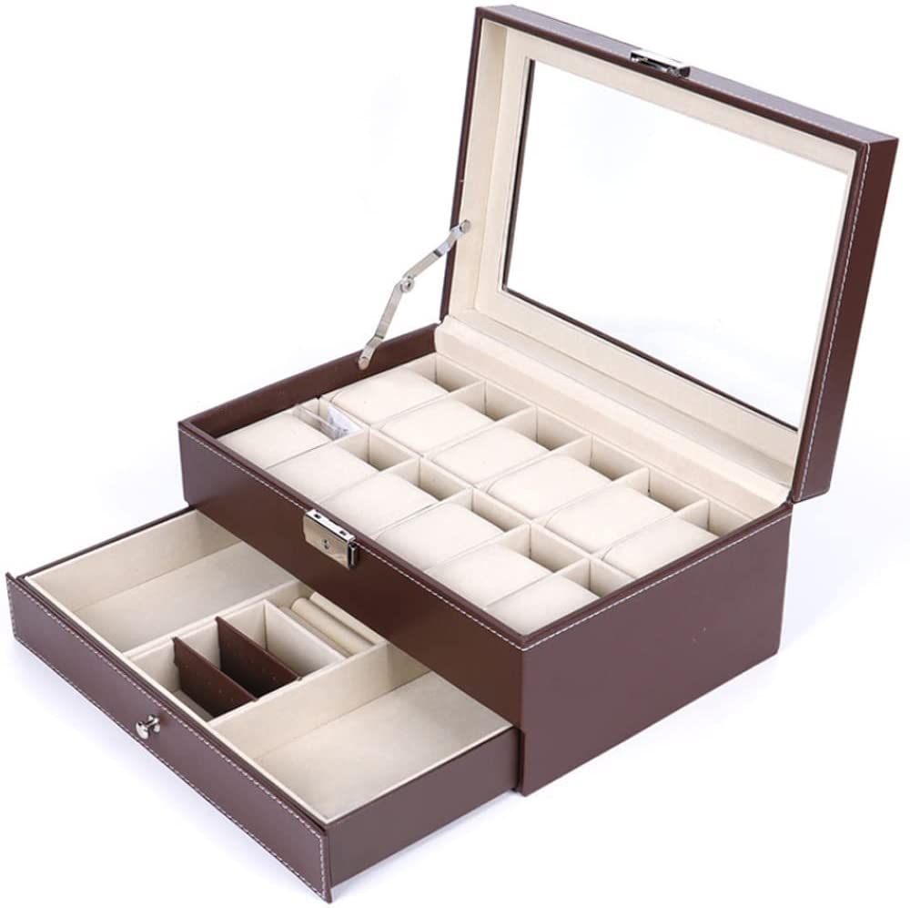 12 Slot Lockable PU Leather Watch and Jewellery Box, 30 x 20 x 13.5 cm