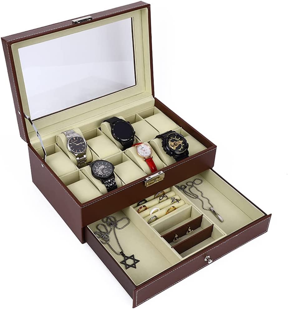 12 Slot Lockable PU Leather Watch and Jewellery Box, 30 x 20 x 13.5 cm