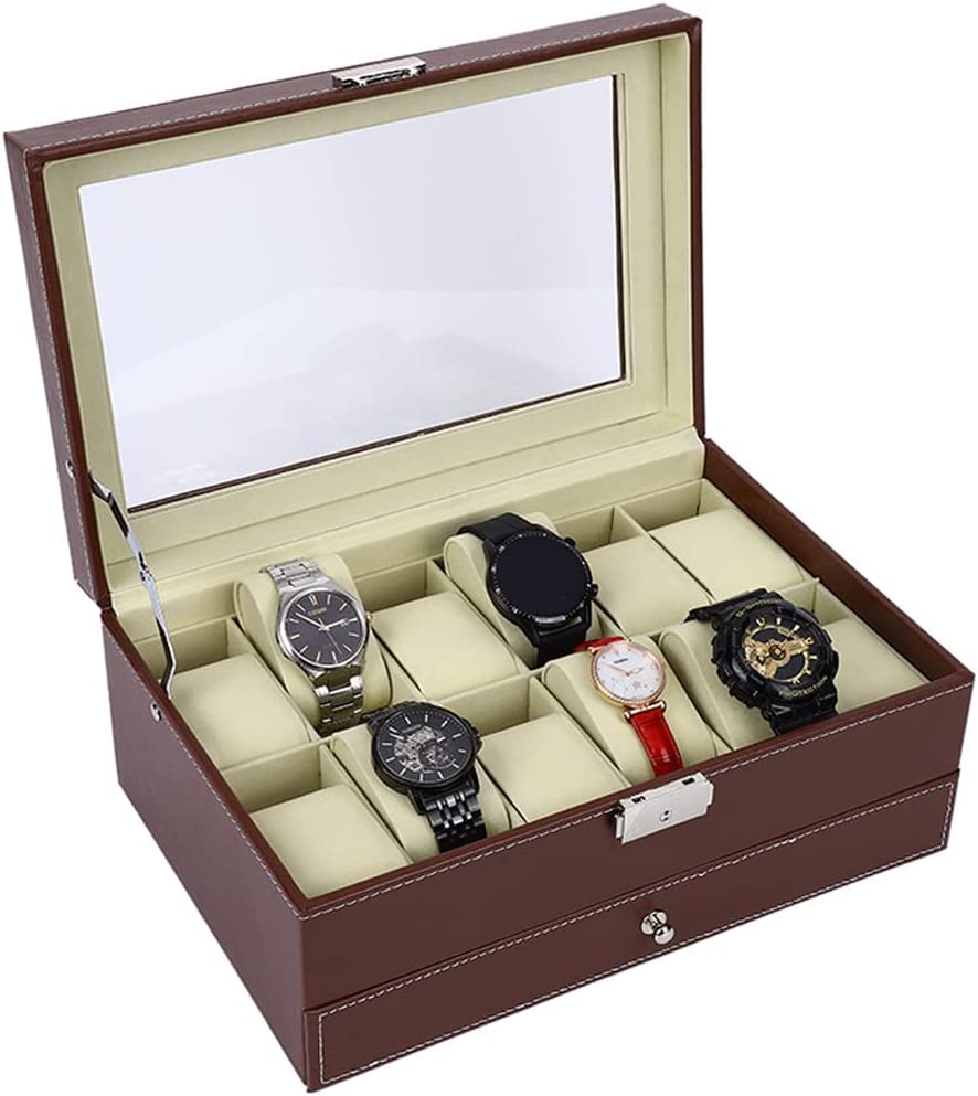 12 Slot Lockable PU Leather Watch and Jewellery Box, 30 x 20 x 13.5 cm