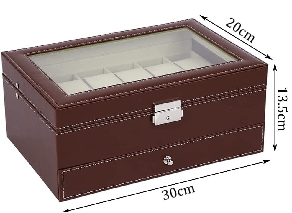 12 Slot Lockable PU Leather Watch and Jewellery Box, 30 x 20 x 13.5 cm