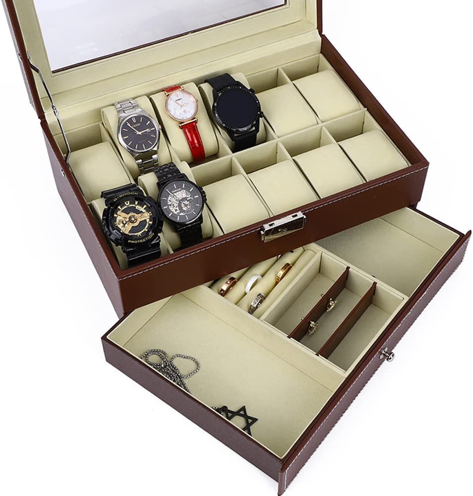 12 Slot Lockable PU Leather Watch and Jewellery Box, 30 x 20 x 13.5 cm