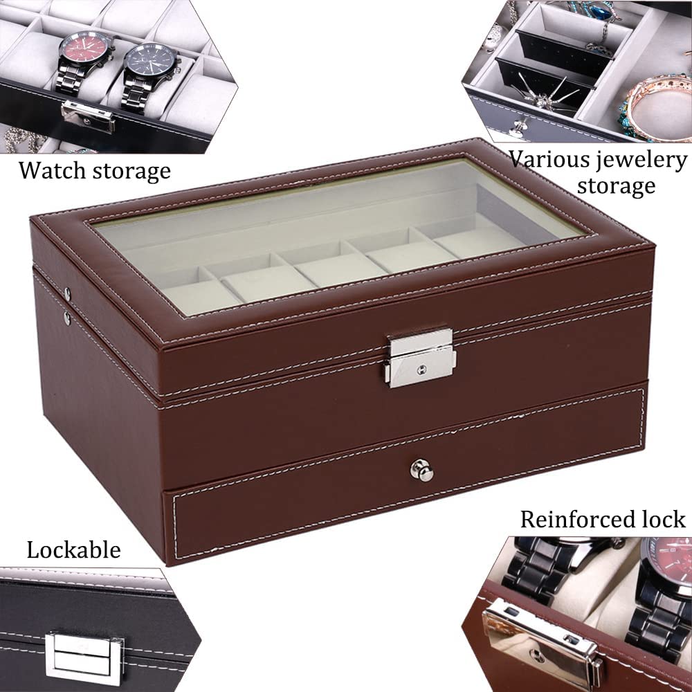 12 Slot Lockable PU Leather Watch and Jewellery Box, 30 x 20 x 13.5 cm