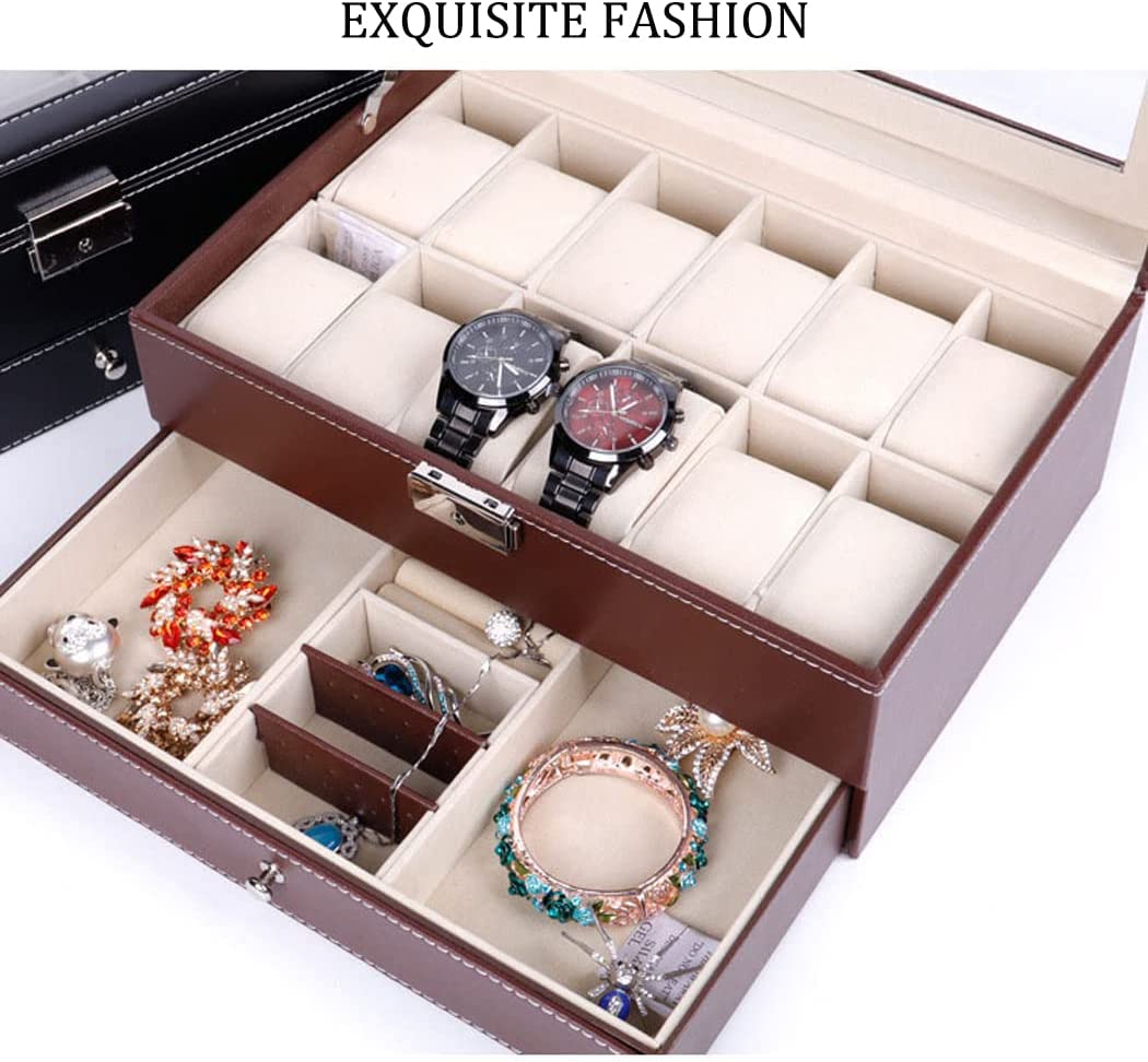 12 Slot Lockable PU Leather Watch and Jewellery Box, 30 x 20 x 13.5 cm