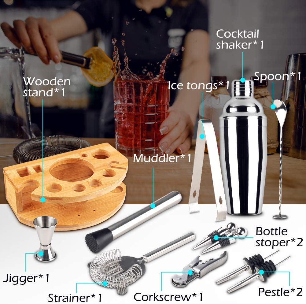 Bartender Tool Set with Bamboo Stand, 12 Pieces