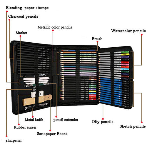 72pcs Professional Drawing Artist Kit Set Pencils and Sketch Charcoal