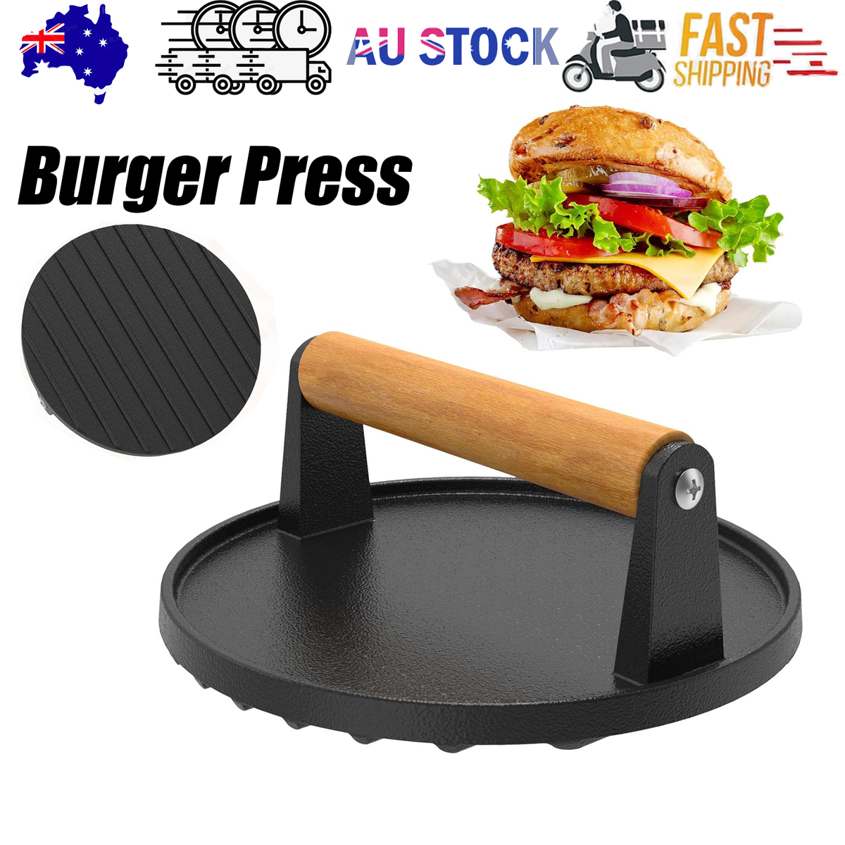 7" Heavy Duty Burger Press W/ Solid Wood Handle for Meat Smasher