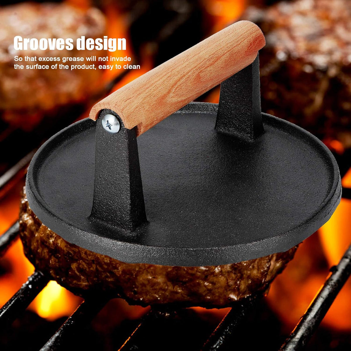 7" Heavy Duty Burger Press W/ Solid Wood Handle for Meat Smasher